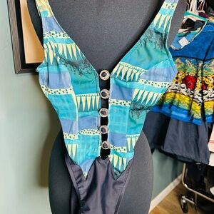 Bolero One Piece Teal Blue Button Open Front  Bathing Suit Size 6